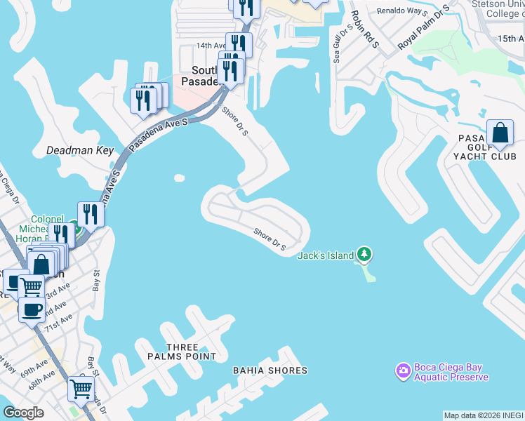 map of restaurants, bars, coffee shops, grocery stores, and more near 6933 Shore Drive South in South Pasadena