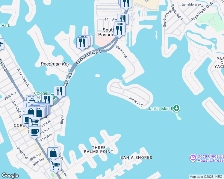 map of restaurants, bars, coffee shops, grocery stores, and more near 7108 South Shore Drive South in South Pasadena