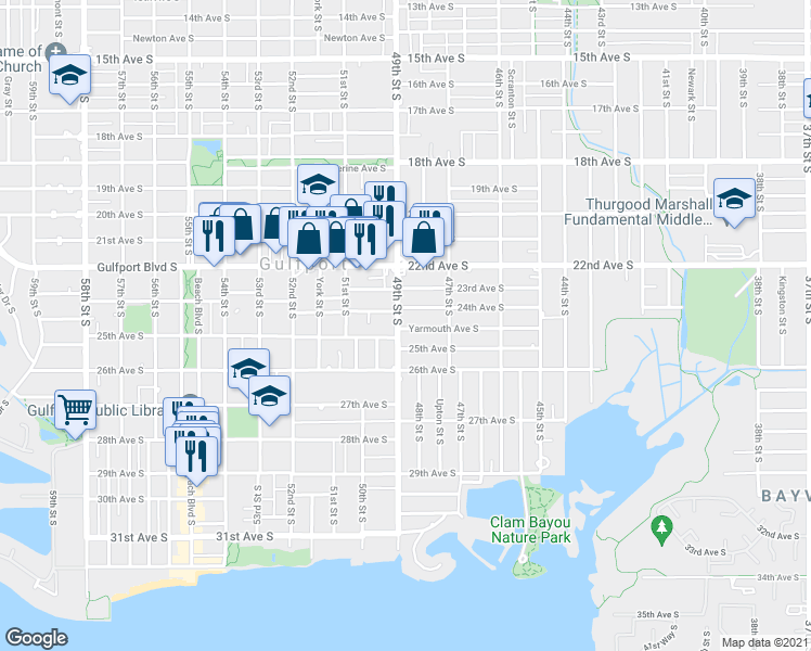 map of restaurants, bars, coffee shops, grocery stores, and more near 2424 49th Street South in Gulfport