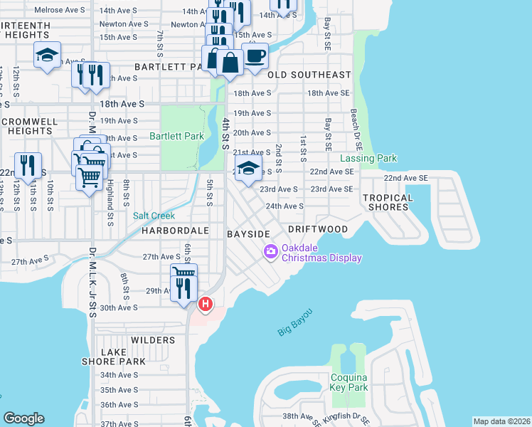 map of restaurants, bars, coffee shops, grocery stores, and more near 2415 Florida Avenue South in Saint Petersburg