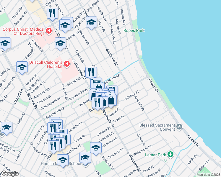 map of restaurants, bars, coffee shops, grocery stores, and more near 356 Doddridge Street in Corpus Christi