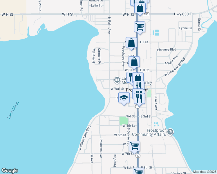 map of restaurants, bars, coffee shops, grocery stores, and more near 30 Heights Avenue in Frostproof
