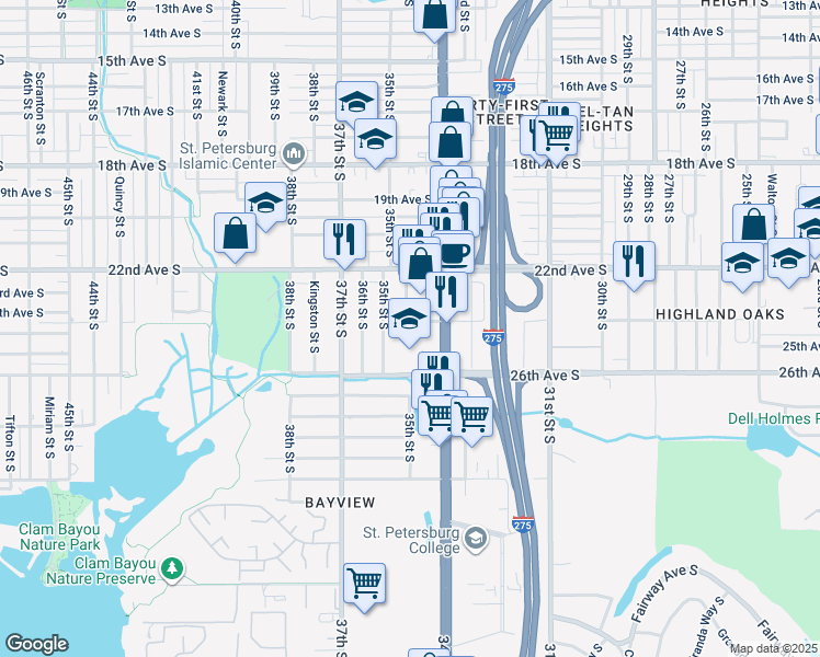 map of restaurants, bars, coffee shops, grocery stores, and more near 2333 34th Street South in St. Petersburg