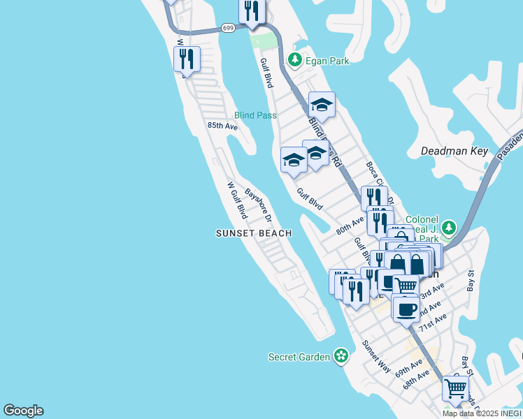 map of restaurants, bars, coffee shops, grocery stores, and more near 8373 Bayshore Drive in Treasure Island