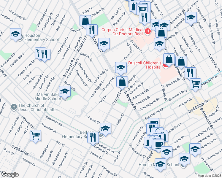 map of restaurants, bars, coffee shops, grocery stores, and more near 1206 Hayward Drive in Corpus Christi