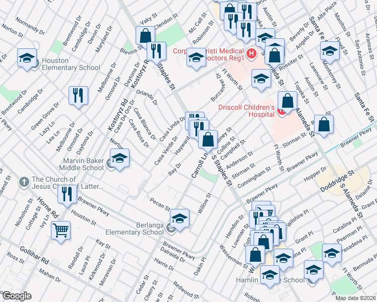 map of restaurants, bars, coffee shops, grocery stores, and more near 1206 Hayward Drive in Corpus Christi