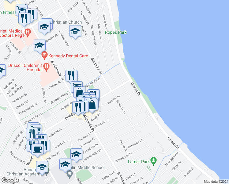 map of restaurants, bars, coffee shops, grocery stores, and more near 225 Doddridge Street in Corpus Christi