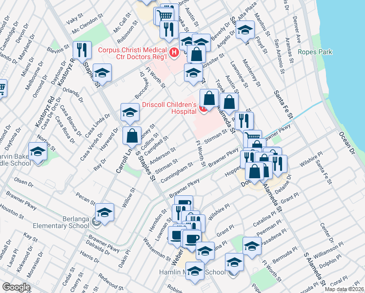 map of restaurants, bars, coffee shops, grocery stores, and more near 742 Woodson Circle in Corpus Christi