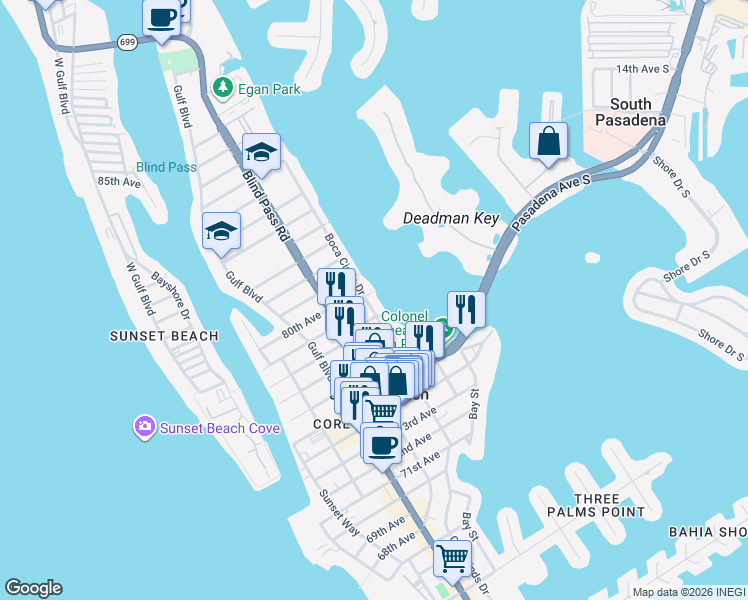 map of restaurants, bars, coffee shops, grocery stores, and more near 7901 Boca Ciega Drive in St. Pete Beach