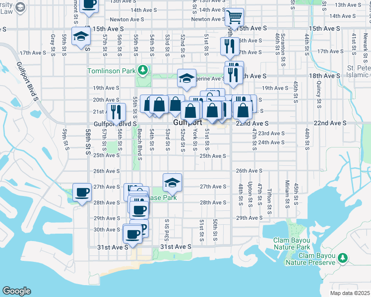 map of restaurants, bars, coffee shops, grocery stores, and more near 5202 23rd Avenue South in Gulfport