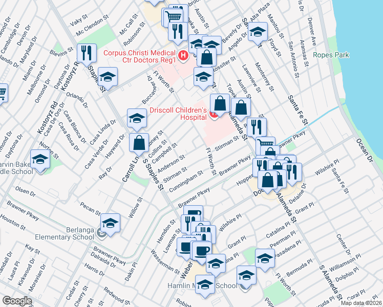 map of restaurants, bars, coffee shops, grocery stores, and more near 742 Woodson Circle in Corpus Christi