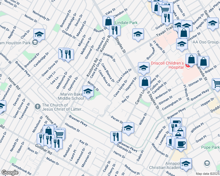 map of restaurants, bars, coffee shops, grocery stores, and more near 3330 Casa Rosa Drive in Corpus Christi