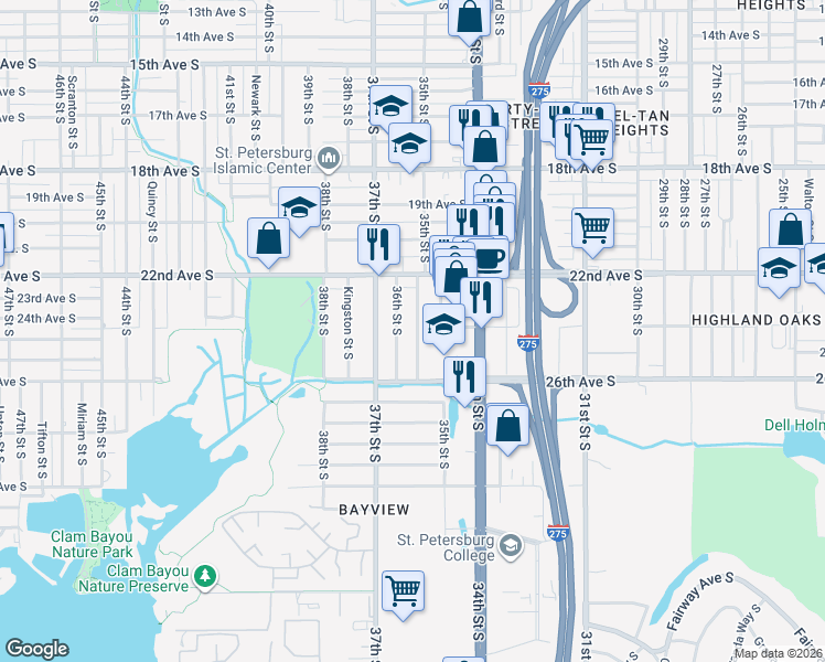 map of restaurants, bars, coffee shops, grocery stores, and more near 2411 35th Street South in Saint Petersburg