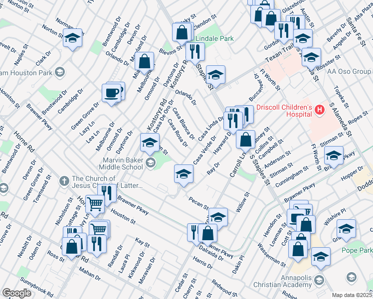 map of restaurants, bars, coffee shops, grocery stores, and more near 3330 Casa Rosa Drive in Corpus Christi