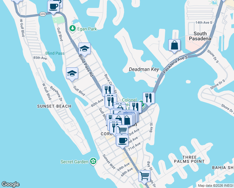 map of restaurants, bars, coffee shops, grocery stores, and more near 7901 Boca Ciega Drive in St. Pete Beach