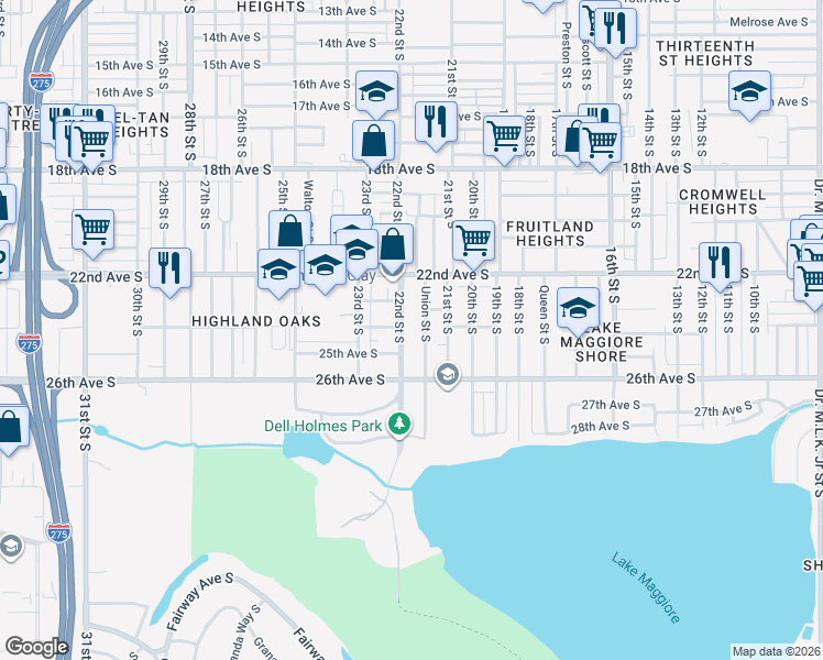map of restaurants, bars, coffee shops, grocery stores, and more near 2321 Union Street South in St. Petersburg
