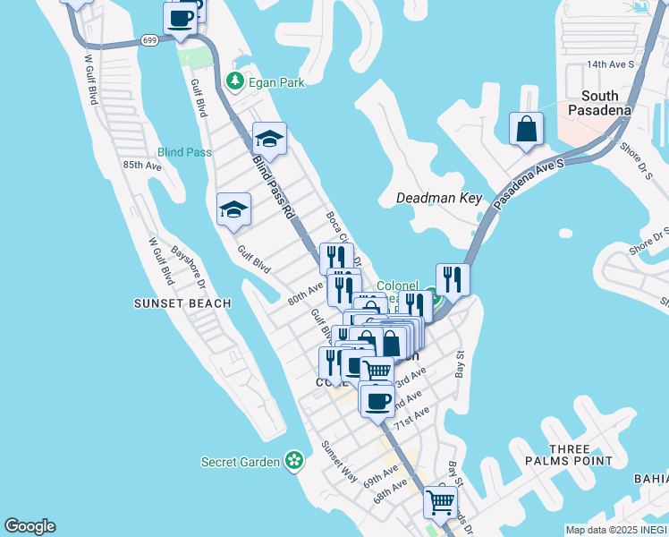 map of restaurants, bars, coffee shops, grocery stores, and more near 323 80th Avenue in St. Pete Beach