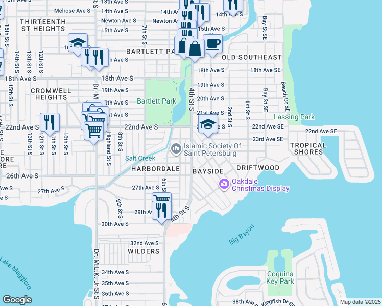 map of restaurants, bars, coffee shops, grocery stores, and more near 2344 Oakdale Street South in St. Petersburg