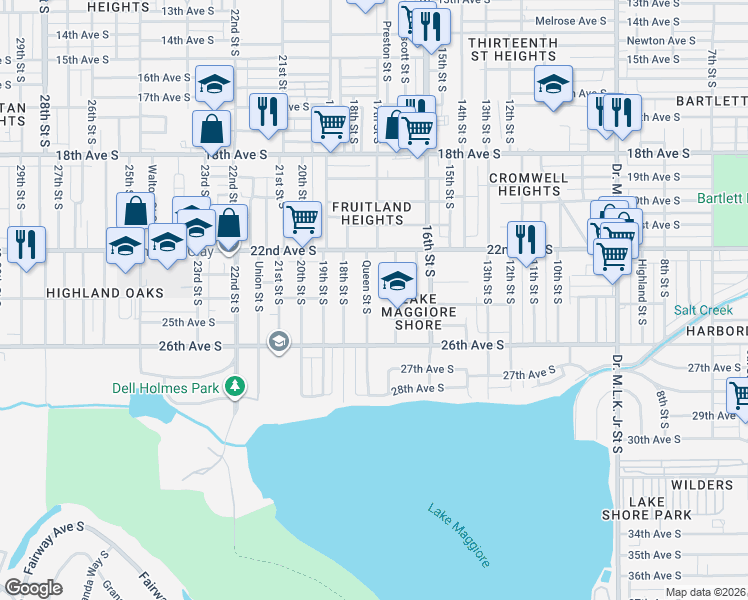 map of restaurants, bars, coffee shops, grocery stores, and more near 2305 Queen Street South in St. Petersburg