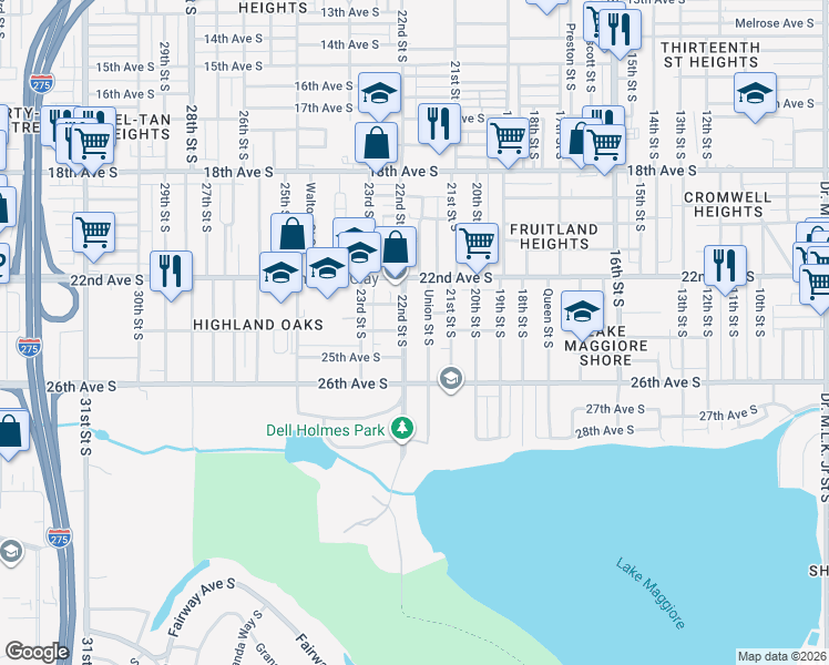 map of restaurants, bars, coffee shops, grocery stores, and more near 2321 Union Street South in St. Petersburg