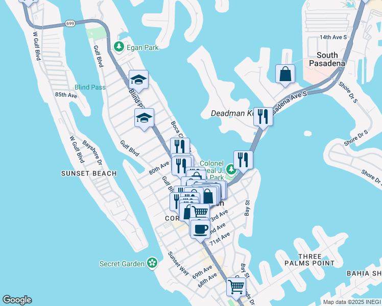 map of restaurants, bars, coffee shops, grocery stores, and more near 7901 Boca Ciega Drive in St. Pete Beach