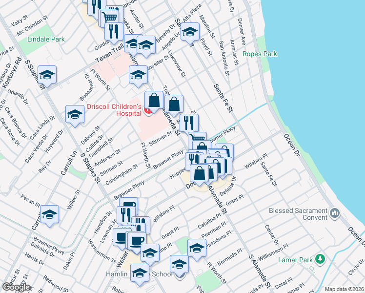map of restaurants, bars, coffee shops, grocery stores, and more near 3634 South Alameda Street in Corpus Christi