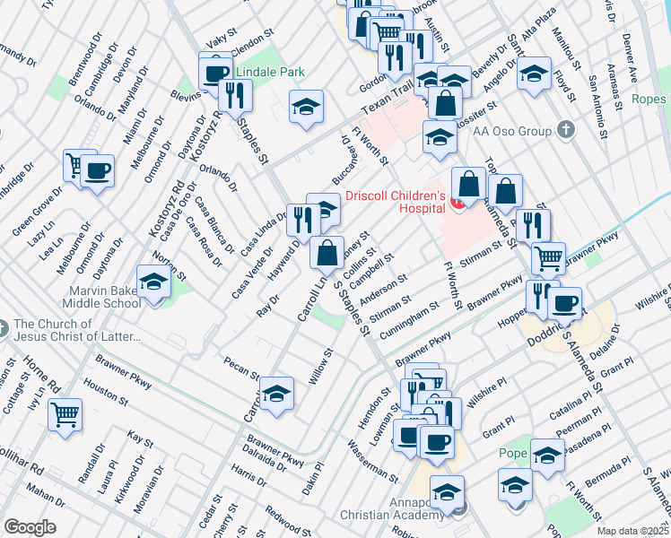map of restaurants, bars, coffee shops, grocery stores, and more near 1025 Dabney Street in Corpus Christi