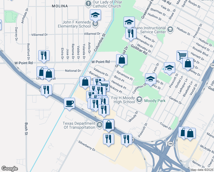 map of restaurants, bars, coffee shops, grocery stores, and more near 1601 Hemlock Place in Corpus Christi