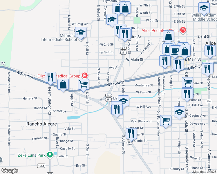 map of restaurants, bars, coffee shops, grocery stores, and more near 724 West Front Street in Alice