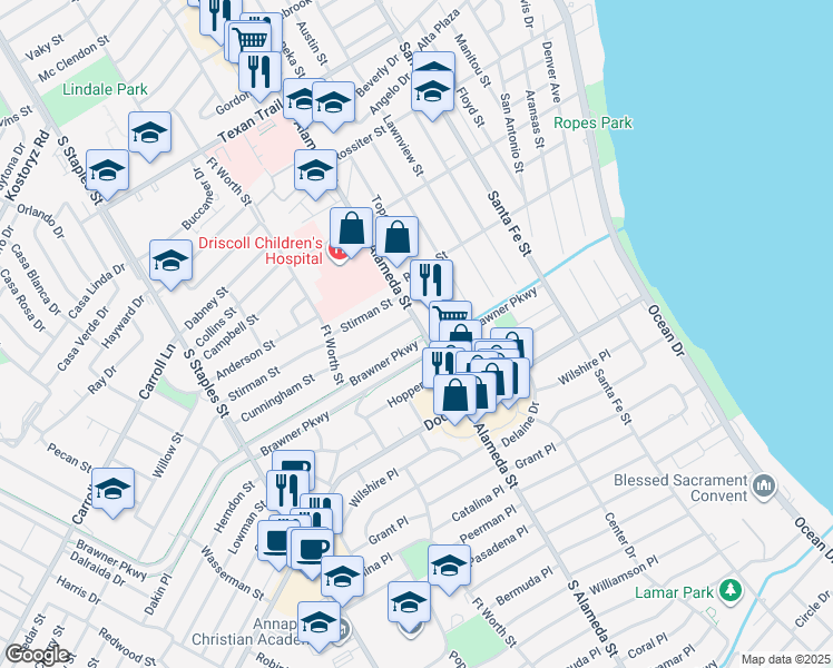 map of restaurants, bars, coffee shops, grocery stores, and more near 3634 South Alameda Street in Corpus Christi