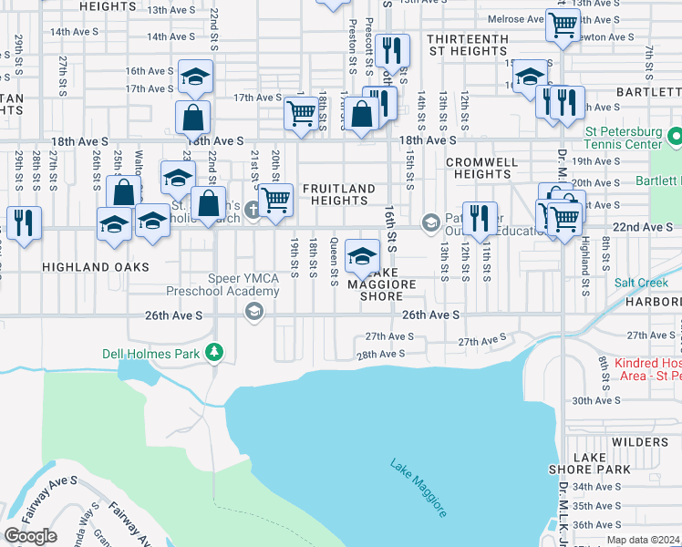 map of restaurants, bars, coffee shops, grocery stores, and more near 2305 Queen Street South in St. Petersburg