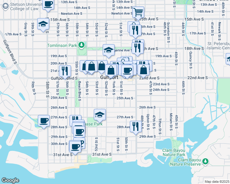 map of restaurants, bars, coffee shops, grocery stores, and more near 5122 24th Avenue South in Gulfport