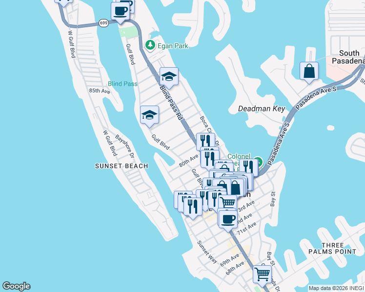 map of restaurants, bars, coffee shops, grocery stores, and more near 450 81st Avenue in St. Pete Beach