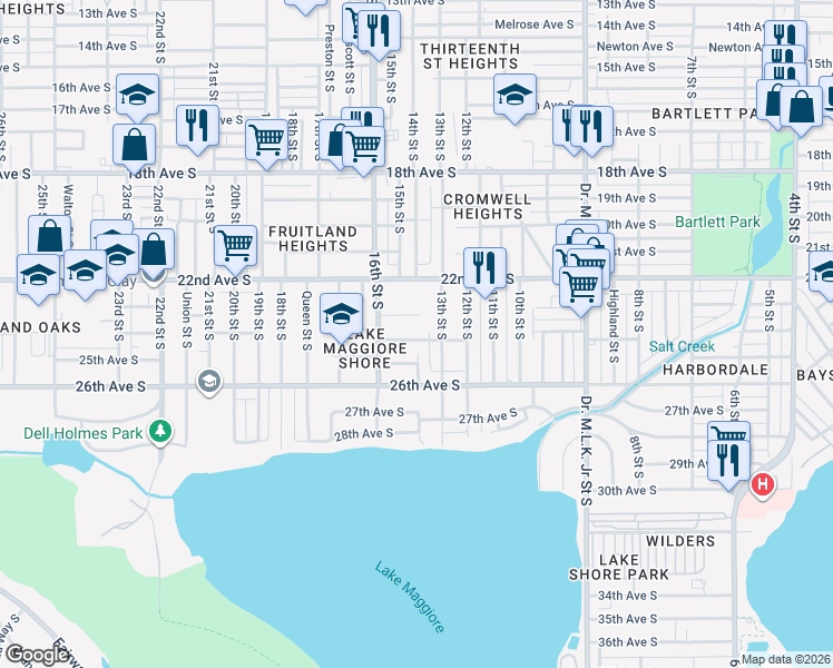 map of restaurants, bars, coffee shops, grocery stores, and more near 1405 24th Avenue South in Saint Petersburg