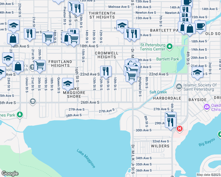 map of restaurants, bars, coffee shops, grocery stores, and more near 2334 11th Street South in St. Petersburg