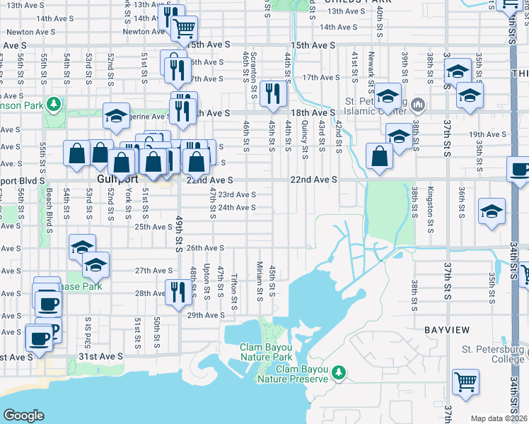 map of restaurants, bars, coffee shops, grocery stores, and more near 4545 24th Avenue South in St. Petersburg