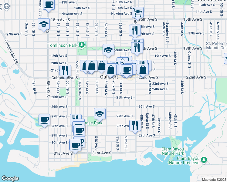 map of restaurants, bars, coffee shops, grocery stores, and more near 5136 23rd Avenue South in Gulfport