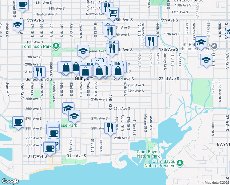 map of restaurants, bars, coffee shops, grocery stores, and more near 4818 24th Avenue South in Saint Petersburg