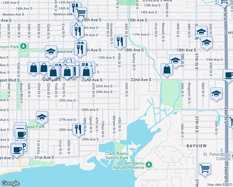 map of restaurants, bars, coffee shops, grocery stores, and more near 4545 24th Avenue South in St. Petersburg