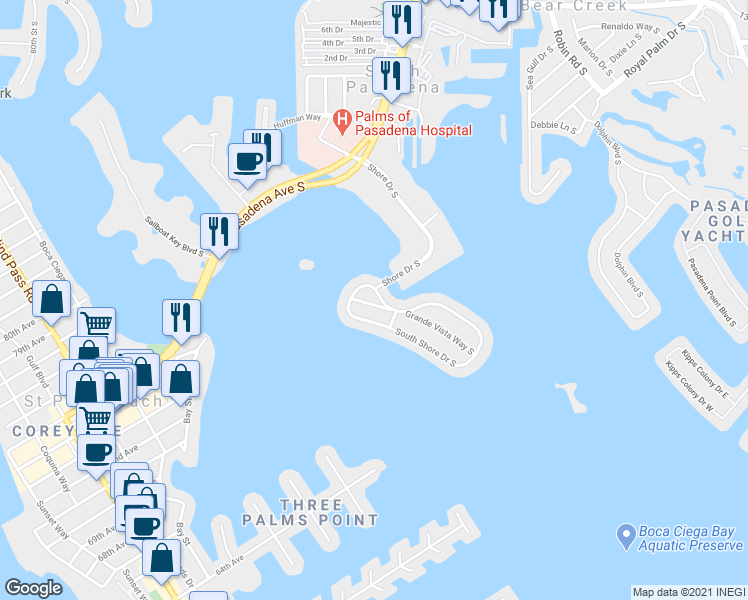 map of restaurants, bars, coffee shops, grocery stores, and more near 6903 South Shore Drive South in South Pasadena