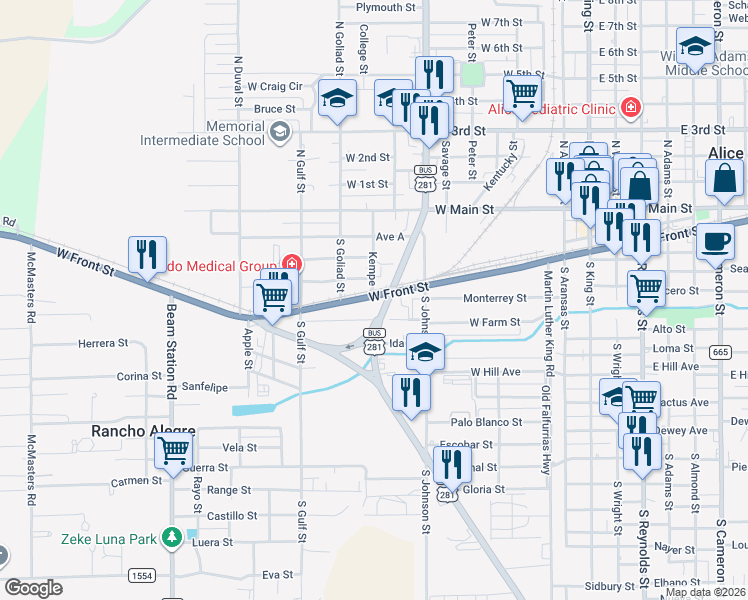 map of restaurants, bars, coffee shops, grocery stores, and more near 724 West Front Street in Alice