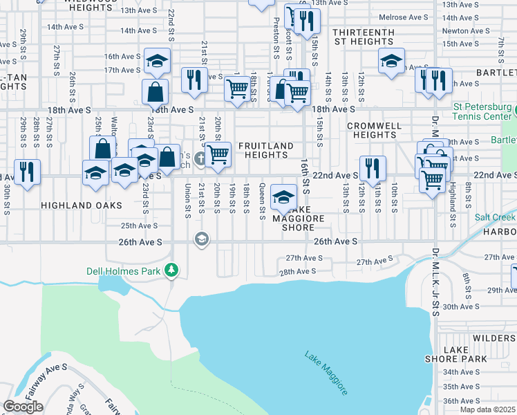 map of restaurants, bars, coffee shops, grocery stores, and more near 2305 Queen Street South in St. Petersburg