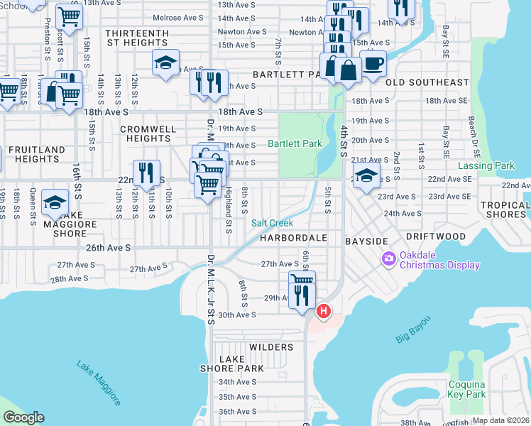map of restaurants, bars, coffee shops, grocery stores, and more near 2350 Grove Street South in St. Petersburg