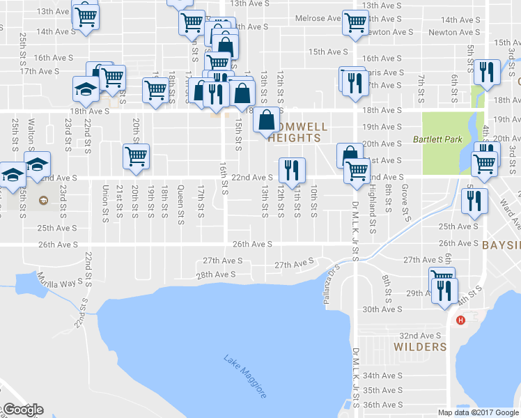 map of restaurants, bars, coffee shops, grocery stores, and more near 1410 23rd Avenue South in St. Petersburg