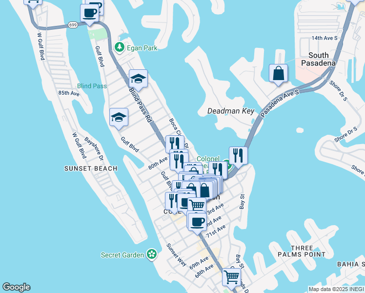 map of restaurants, bars, coffee shops, grocery stores, and more near 323 80th Avenue in St. Pete Beach