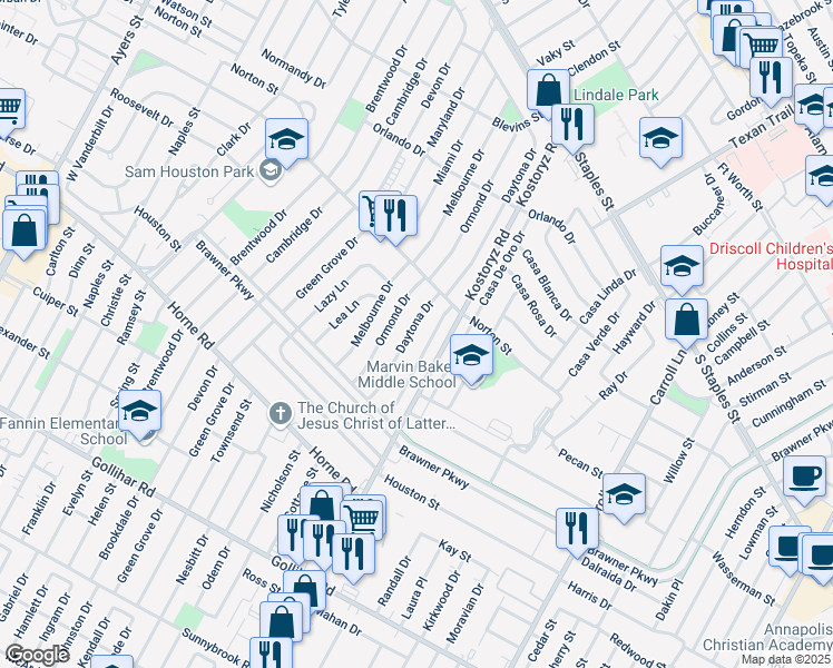 map of restaurants, bars, coffee shops, grocery stores, and more near 1509 Wynwood Drive in Corpus Christi
