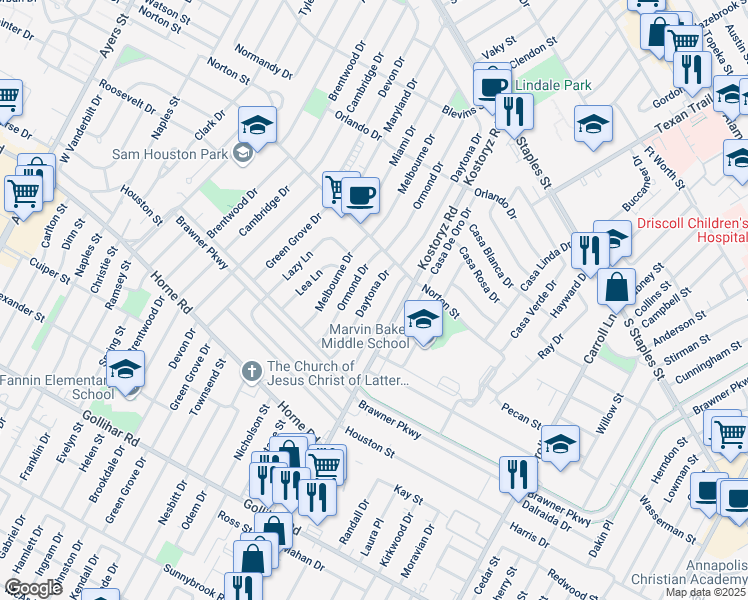 map of restaurants, bars, coffee shops, grocery stores, and more near 1509 Wynwood Drive in Corpus Christi
