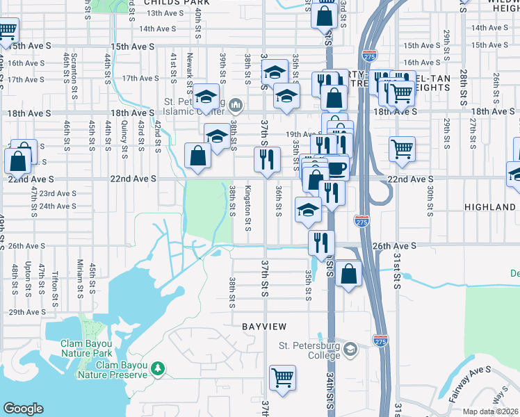 map of restaurants, bars, coffee shops, grocery stores, and more near 2332 37th Street South in St. Petersburg
