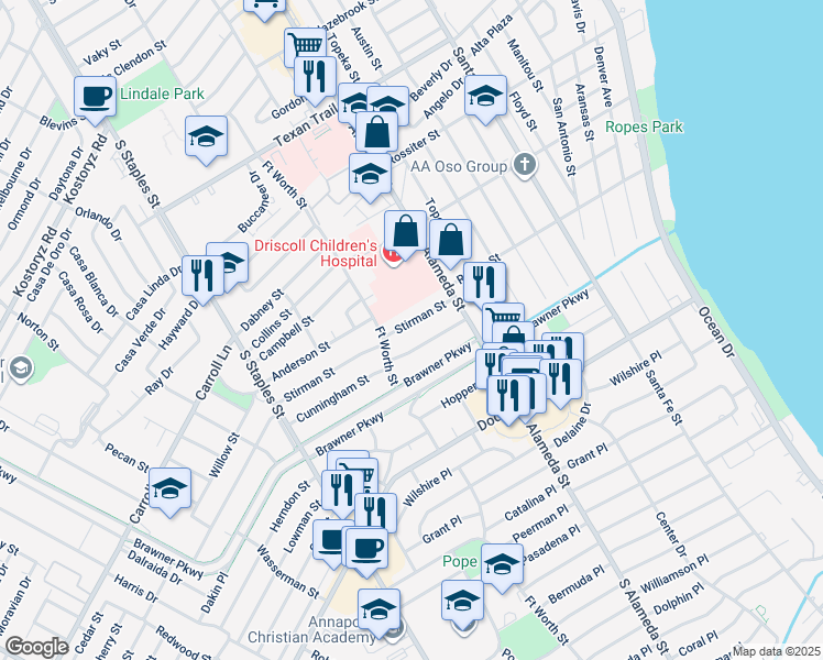 map of restaurants, bars, coffee shops, grocery stores, and more near 609 Stirman Street in Corpus Christi