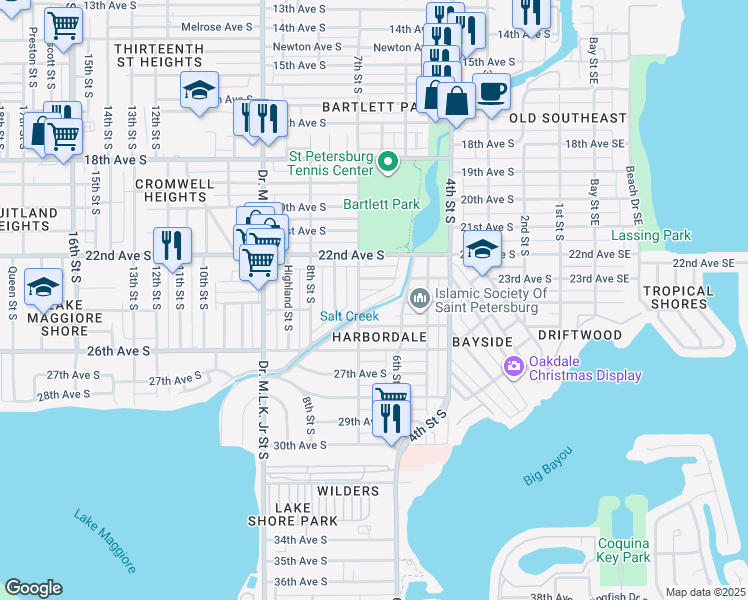 map of restaurants, bars, coffee shops, grocery stores, and more near 659 West Harbor Drive South in Saint Petersburg